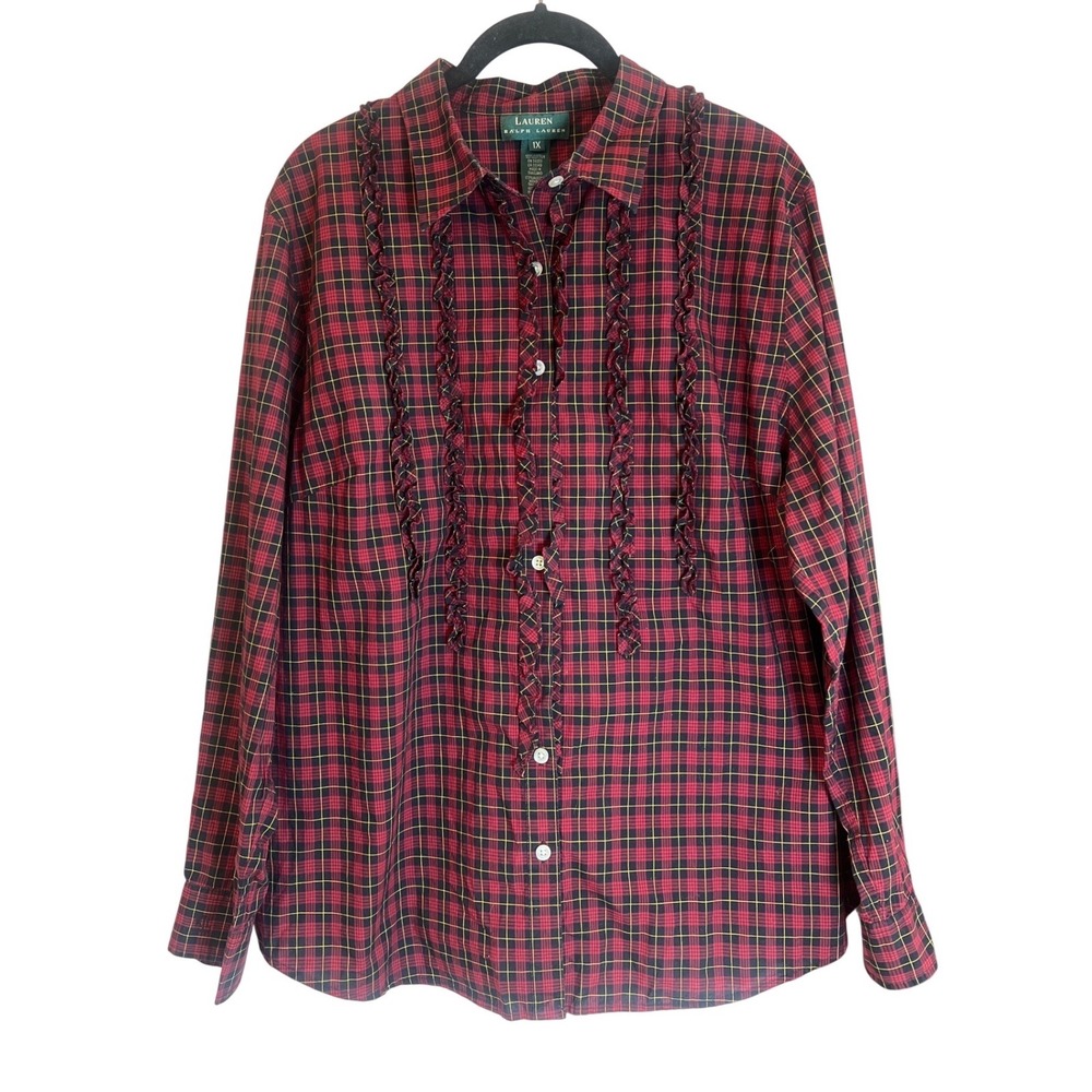 Lauren‎ Ralph Lauren Red Plaid Ruffle Front Button Down Shirt Womens 1X Cotton